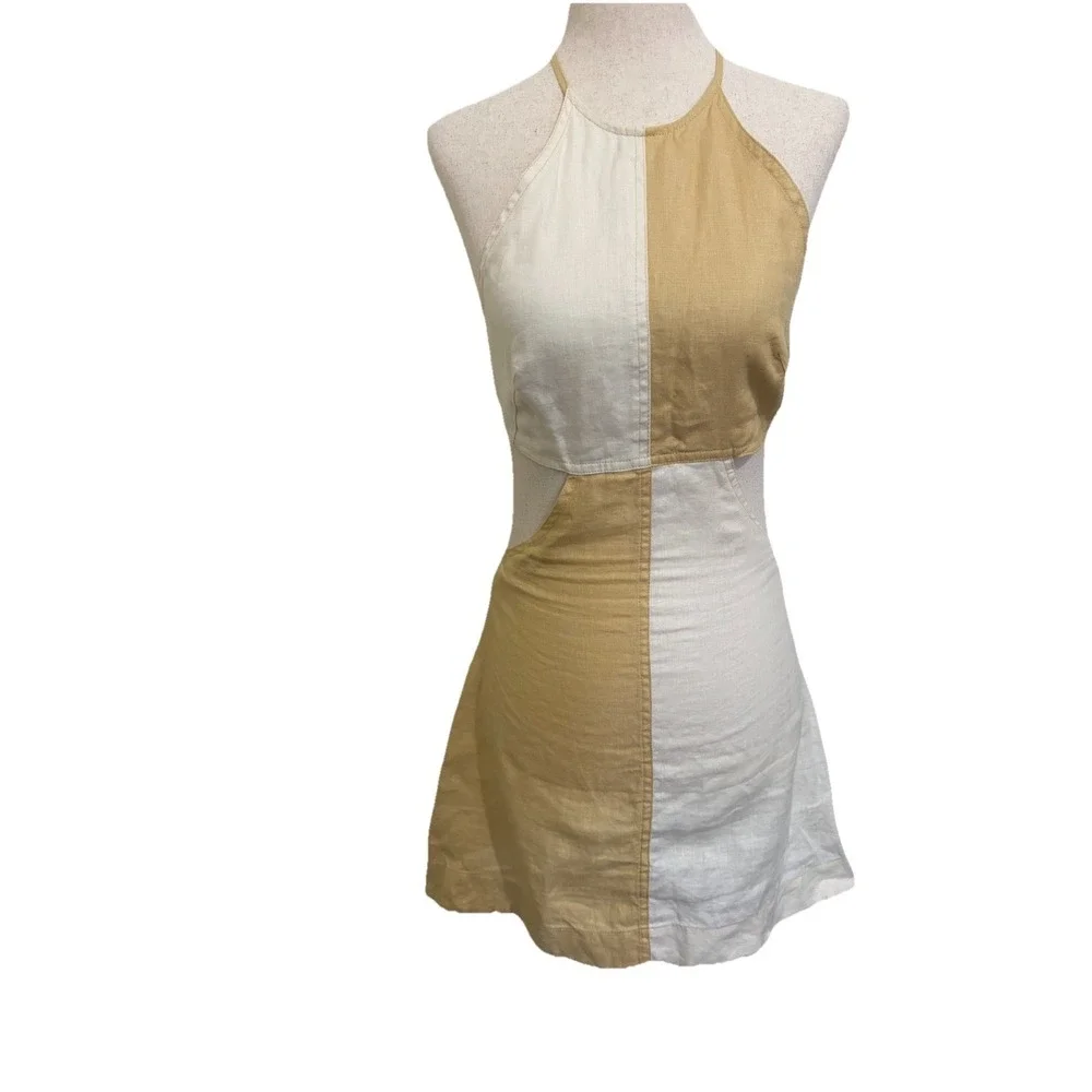 Matthew Bruch Colorblock Halter Linen Mini Dress‎ White Beige Size Small